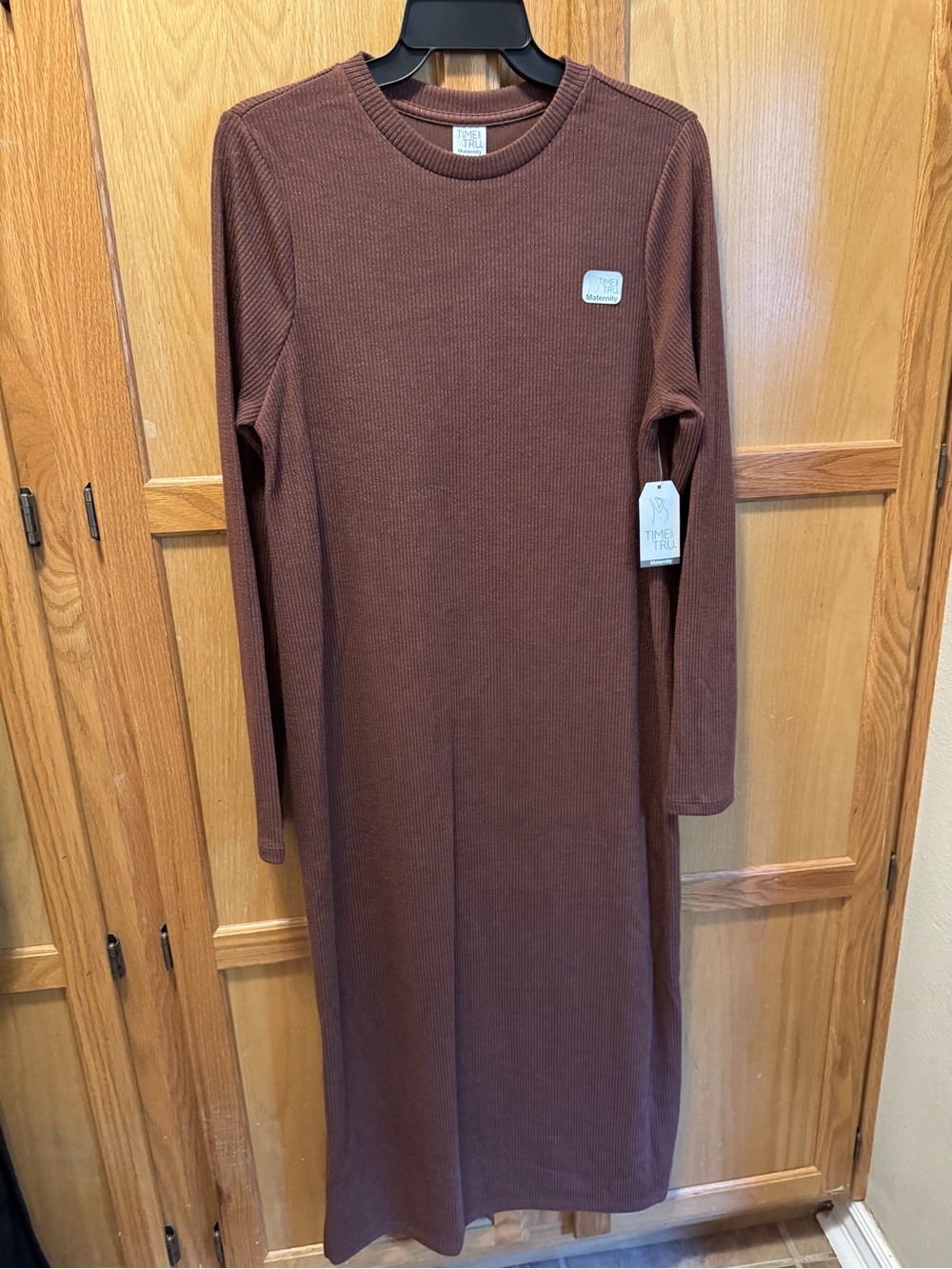 Time and Tru Long Sleeve Ribbed Midi Dress in Brown